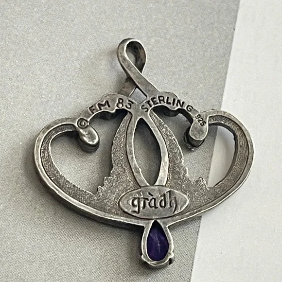 GRADH Franklin Mint Double Heart Necklace Pendant Sterling 925 Amethyst 1983 - Picture 3 of 5